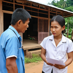 ** A health research team conducting a community survey in a rural Thai village, focusing on disease prevalence. Consider showing diverse ages and expressions.

**