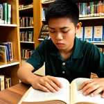 **Prompt:** A focused Thai university student, dressed in modern casual wear, sits at a wooden desk in a sunlit university library, surrounded by stacks of diverse medical and public health textbooks. One open, classic-looking textbook in their hands or on the desk emits a soft, warm glow, symbolizing foundational knowledge and a moment of deep understanding. The student's expression shows profound concentration and an "aha!" moment. Subtle, abstract lines of data or knowledge patterns subtly emanate from the book, blending traditional learning with future potential. Realistic rendering, soft lighting, inspiring atmosphere.
