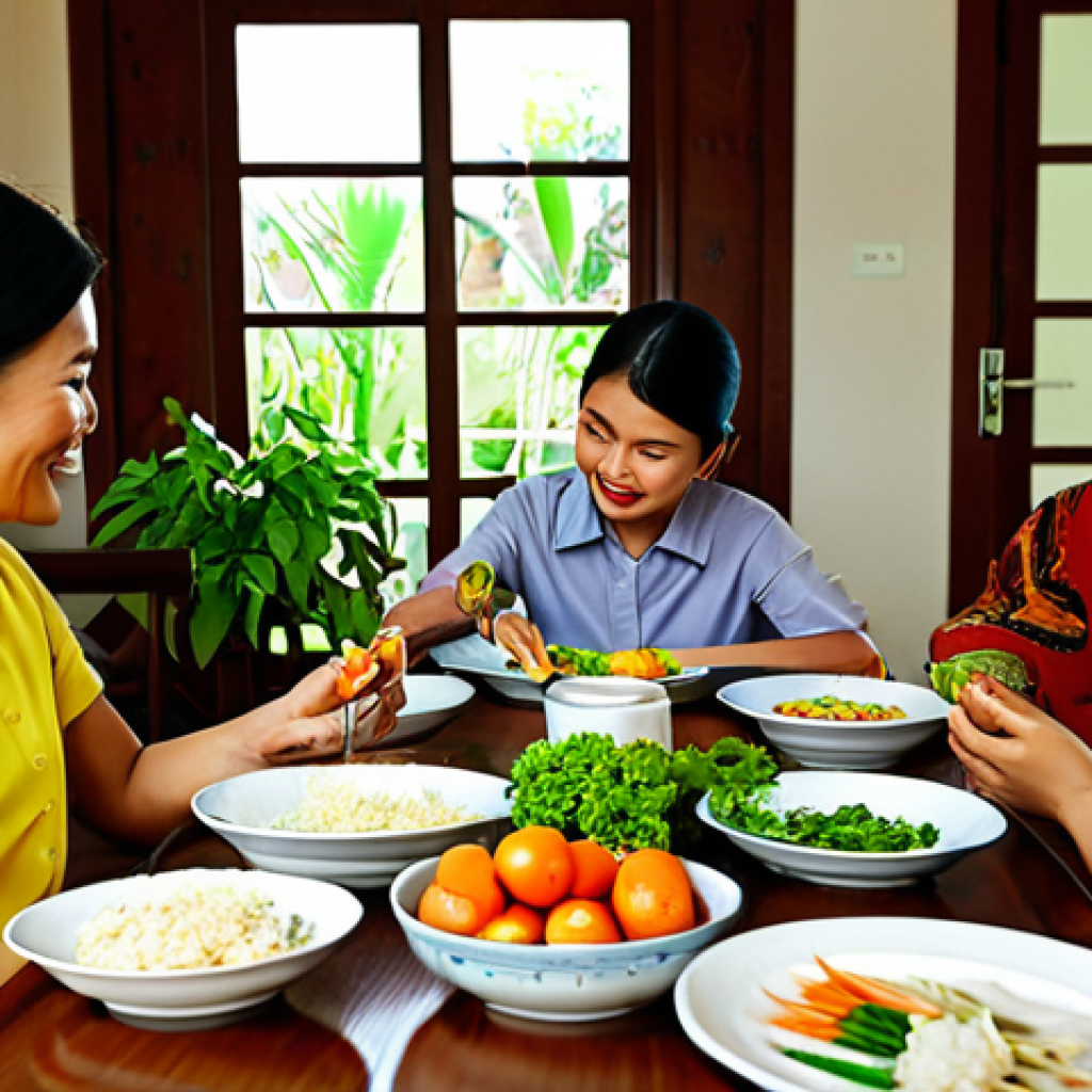 **

"A Thai family enjoying a healthy meal together at home, featuring fresh local fruits, vegetables, and traditional dishes. Everyone is fully clothed in comfortable, modest clothing. The scene is warm and inviting, with natural lighting. Safe for work, appropriate content, professional, family-friendly, perfect anatomy, natural proportions, high quality."

**