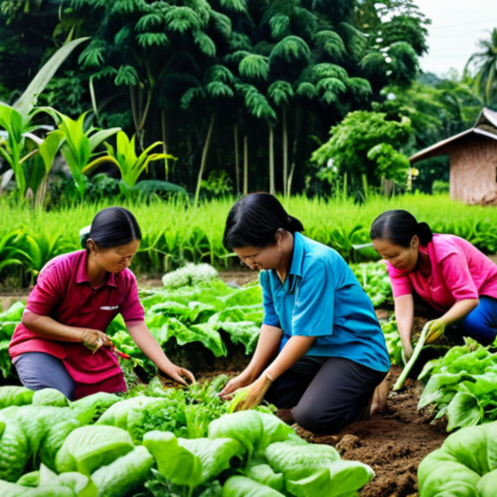 **

"A group of Thai villagers participating in a community health activity, planting vegetables in a shared garden, surrounded by lush greenery, smiling and working together, promoting community well-being, bright daylight, safe for work, appropriate content, fully clothed, modest, family-friendly, professional photography, perfect anatomy, natural proportions."

**