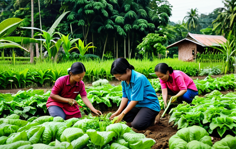 **

"A group of Thai villagers participating in a community health activity, planting vegetables in a shared garden, surrounded by lush greenery, smiling and working together, promoting community well-being, bright daylight, safe for work, appropriate content, fully clothed, modest, family-friendly, professional photography, perfect anatomy, natural proportions."

**