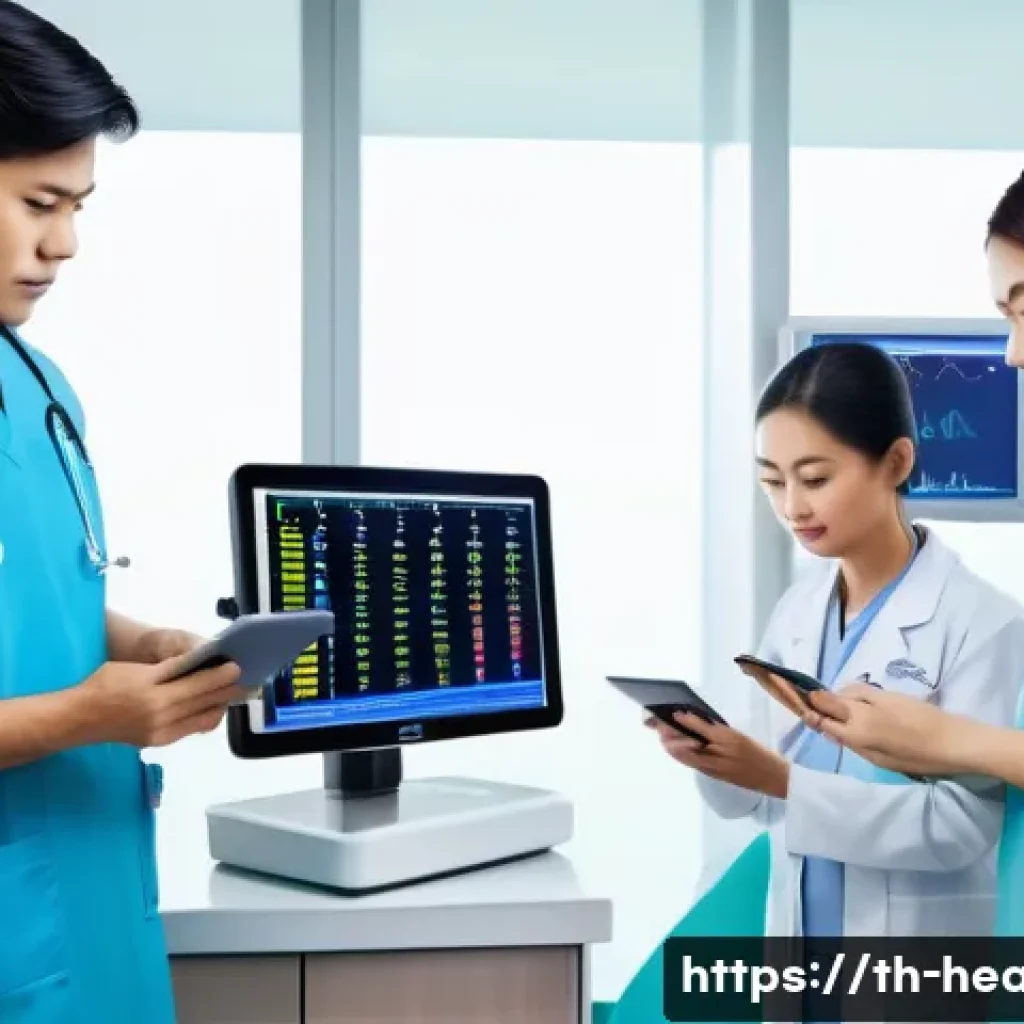 보건학과 의료 정보화 - A modern Thai hospital emergency room scene showing doctors and nurses efficiently accessing electro...