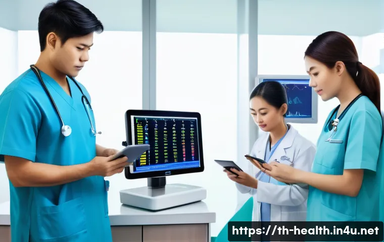 보건학과 의료 정보화 - A modern Thai hospital emergency room scene showing doctors and nurses efficiently accessing electro...