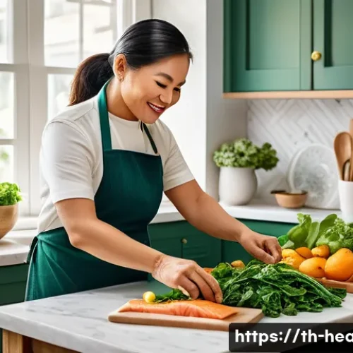 보건학과 치매 예방 - A vibrant, detailed kitchen scene featuring a middle-aged Thai woman preparing a healthy meal rich i...