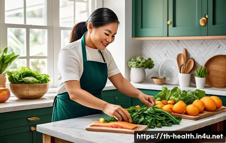 보건학과 치매 예방 - A vibrant, detailed kitchen scene featuring a middle-aged Thai woman preparing a healthy meal rich i...