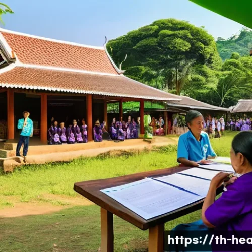 Home 32 보건학과 질병 예방을 위한 정책 - A vibrant community health education event in a rural Thai village setting, featuring diverse age gr...