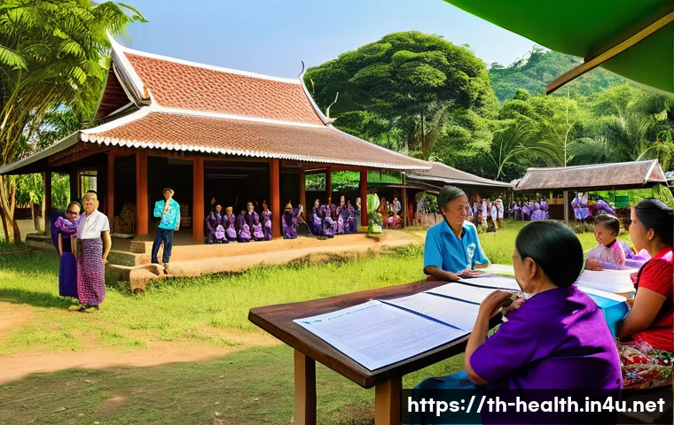 보건학과 질병 예방을 위한 정책 - A vibrant community health education event in a rural Thai village setting, featuring diverse age gr...