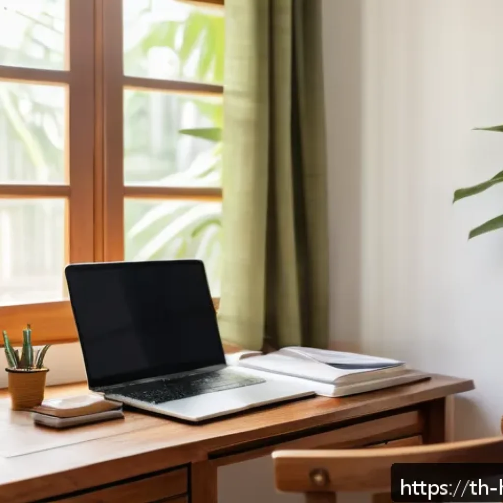 보건학과 정신 건강 - A cozy, bright study corner in a Thai home, featuring a neatly organized wooden desk with a laptop, ...