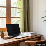 Home 19 보건학과 정신 건강 - A cozy, bright study corner in a Thai home, featuring a neatly organized wooden desk with a laptop, ...