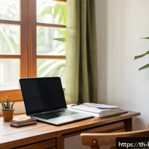 Home 31 보건학과 정신 건강 - A cozy, bright study corner in a Thai home, featuring a neatly organized wooden desk with a laptop, ...