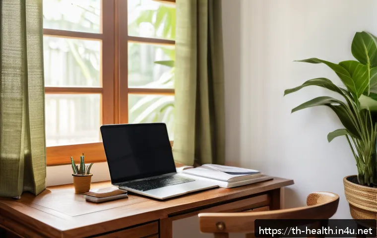 보건학과 정신 건강 - A cozy, bright study corner in a Thai home, featuring a neatly organized wooden desk with a laptop, ...
