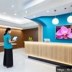 Home 23 보건학과 국영병원 vs 사립병원 - A modern private hospital lobby in Bangkok, Thailand, showcasing a sleek, well-lit interior with dig...