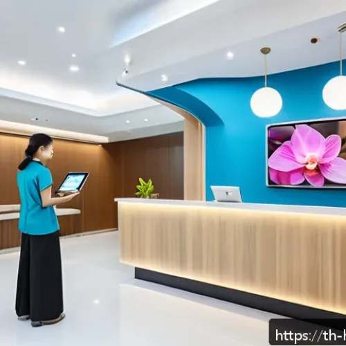 Home 17 보건학과 국영병원 vs 사립병원 - A modern private hospital lobby in Bangkok, Thailand, showcasing a sleek, well-lit interior with dig...