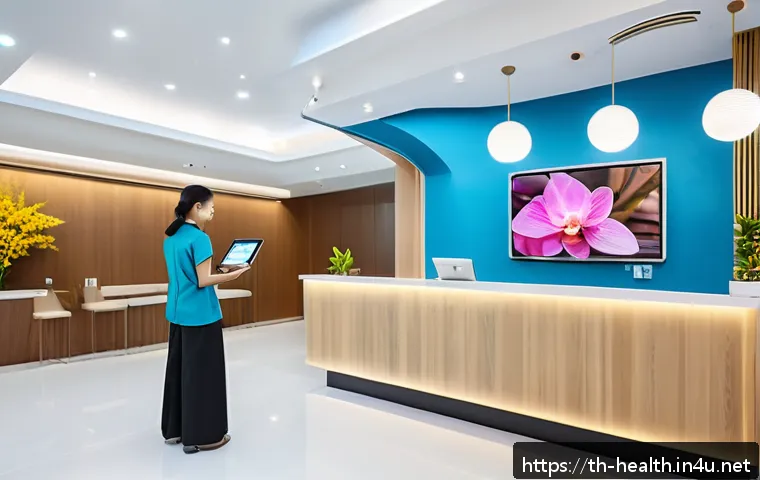 보건학과 국영병원 vs 사립병원 - A modern private hospital lobby in Bangkok, Thailand, showcasing a sleek, well-lit interior with dig...