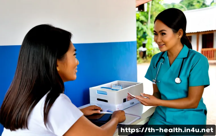 Home 17 공공 건강 정책 - Photorealistic public health policy scene in Thailand, a friendly Thai female community health worke...
